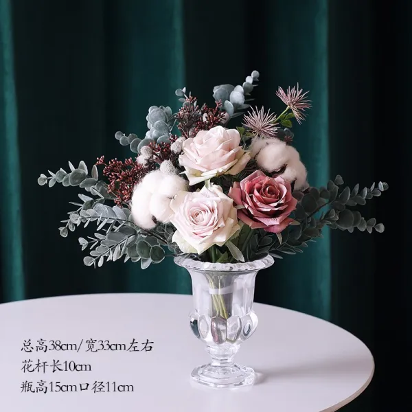 Mar.22 13번 북유럽 로사 로즈 부케 세트 모던 페이크 플라워 장식 플로럴 판잣집 거실 테이블z 크 리 스 탈 화병 + 모 란 디 핑크 꽃병 포함 