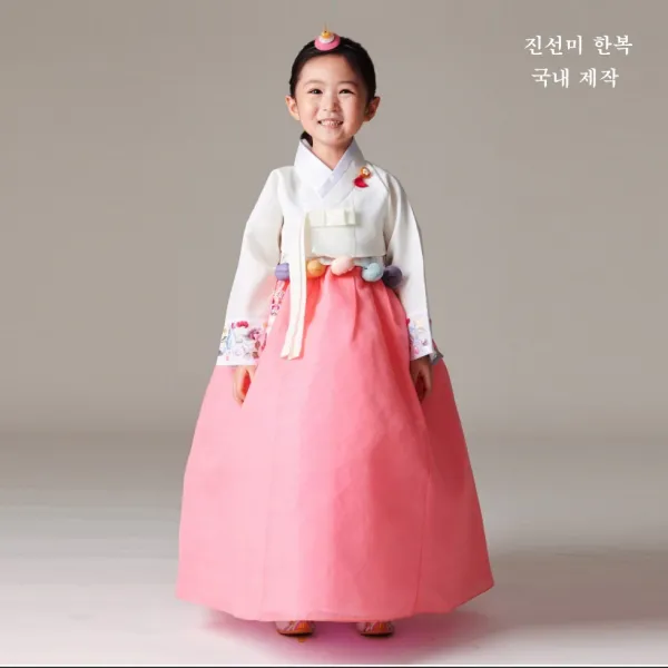 진선미 여아한복 목단수 아이보리저고리 산호치마 국내제작