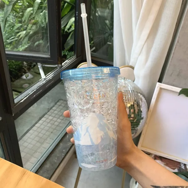 어른 여름 조각 그러데이션 냉각 얼음을 들이켜다 시크 물컵 여제 소녀마음 큐트 빨대컵, 공작 블루 무 뚜껑 윤조 젤라틴 컵