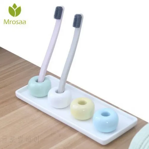 Mrosaa 창조적 인 치아 브러싱 소송 세라믹 칫솔 홀더 + 도자기 쟁반 스탠, 상세내용참조