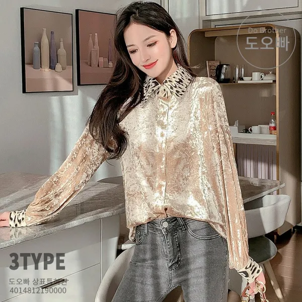 도오빠 여성 셔츠 레오파드 표범 골드 벨벳 루즈핏 느슨한 얇은 가을 겨울 환절기 간절기 여자