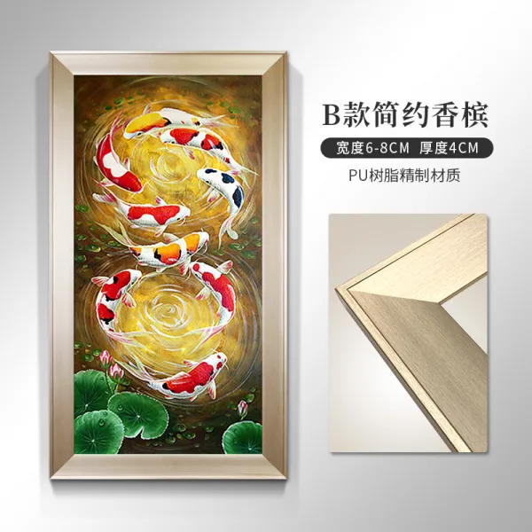 신 중국식 순수 핸드페인팅 유화그림 현관 인테리림 연꽃 구어 도모함 거실 세로판 복도 그림을 걸다 잉어 재물을 모으다, B타입 심플 샴페인 고참 화사 페인팅