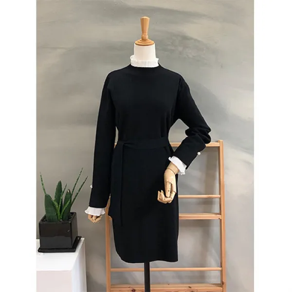 행복한여자 신상무배 여성스러운 쉬폰 배색 진주 포인트 니트 원피스