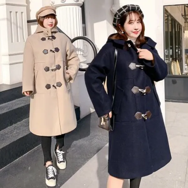 [구매대행] 여성 빅사이즈 오버핏 라지 하프 모직 코트 후드 캐주얼 떡볶이