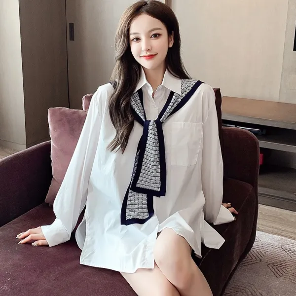 [SH110921] 실제촬영！디자인중항의 풍조에 감개하다얇은화이트셔츠여성가을 신상긴소매겉옷에 백장을 걸치다.상의