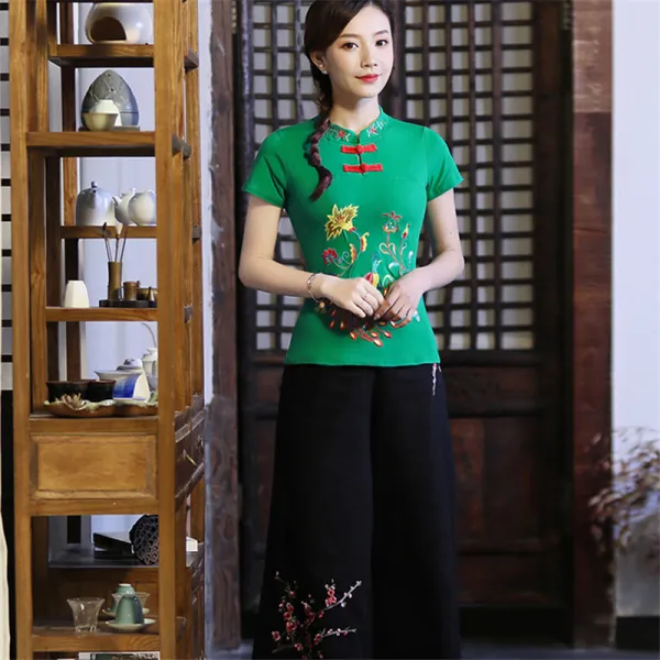 섬섬옥수건강원 반팔티 매제 중국식 상의 여성 차이나 나라 트렌드 매듭 스탠딩카라 t셔츠 순면 코튼 이너티셔츠 여름 T