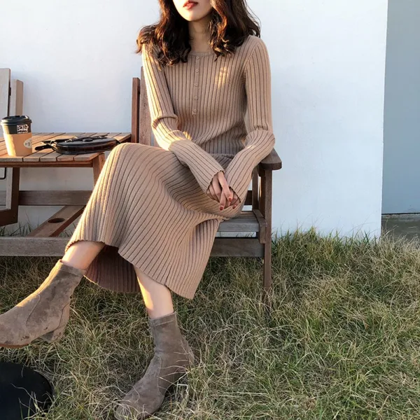 뉴타임즈2 가을 겨울 갱단 솔리드 긴팔 니트 원피스 슬림해 보이는 미디엄 롱 무릎 니트 스커트 D1a14 14