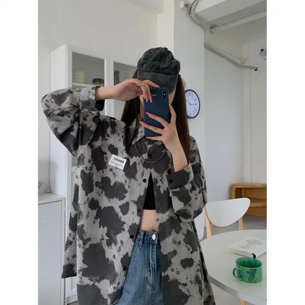 KORELAN 시끄럽다 집 묶다 염색하다 반팔 셔츠 여자 여름 루즈하다 복고 홍콩풍 소규모 회색 셔츠 붐