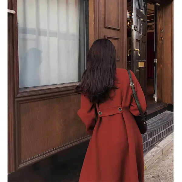 여자울코트 전체양모 체리 레드 코트 보통길이 무릎을넘기는 미지물외투 허리조임 양면울