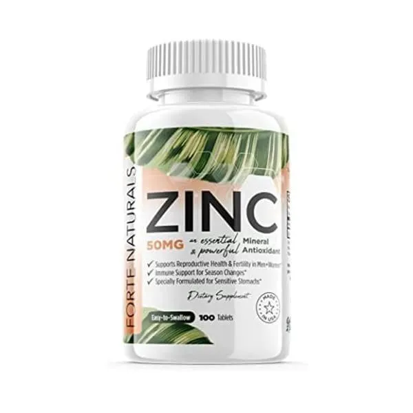 민감한 위장을 위해 특별히 제작된 100 아연 보조제, 성인을 위한 비타민 FORTE NATURALS의 일일 영양제 비건 50mg, 비 GMO, 삼키기 쉬운 아연 비타민, 단일상품
