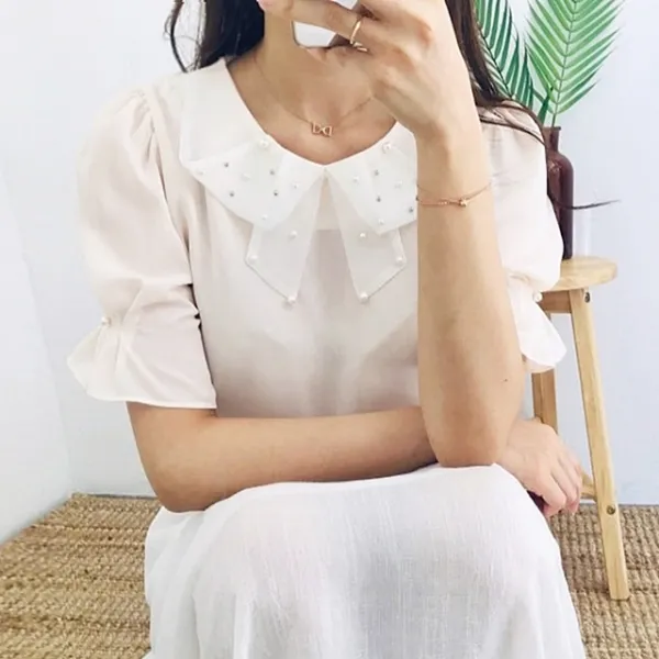  반하걸 무료배송 2color 진주 리본 반팔 쉬폰 블라우스