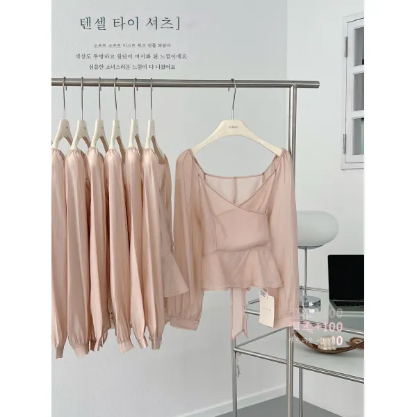 DFMEI 수줍은 듯 산들바람이 불어오다따뜻한 봄 리본 셔츠