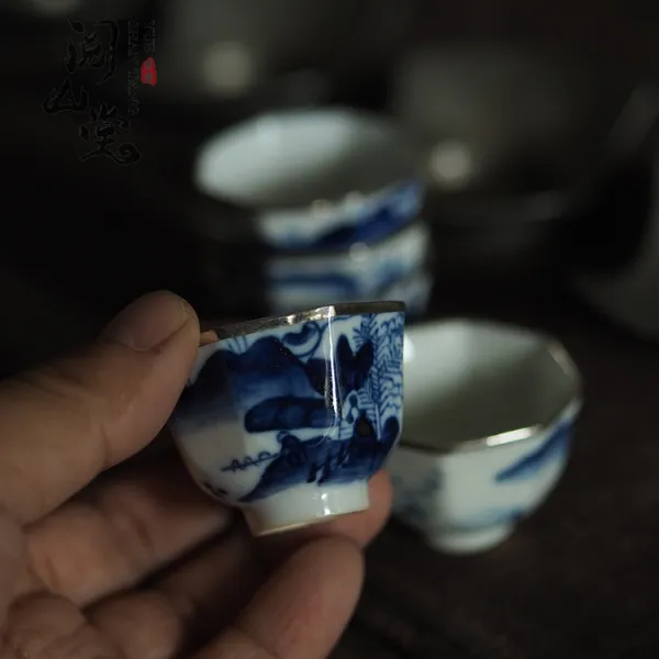 읽다 산당 청대 말엽 모사함 고은 입 차를 음미하는 잔 마스터스컵 청 꽃 핑크 채색 청화자기잔, 타입 양식 1 ：산수풍경 청 꽃 （소
