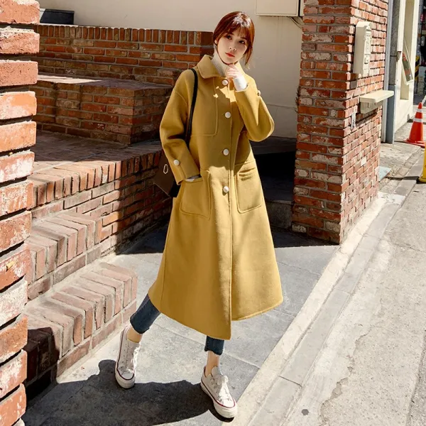 데일리룩 패션 페미닌 소녀룩 카라 버튼 모직 롱코트