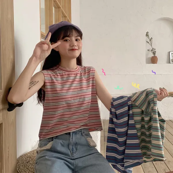 위파인더 스트라이프 민소매티셔츠 여름신상 박시한 어깨너머에 인스패션 학원패션 숏 탱크탑 여