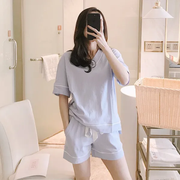 트레이드식스 여름파자마세트 잠옷 여성 얇은 타입 큐트 브이넥 면드 실내복 홈웨어 투수영복 룩 반팔