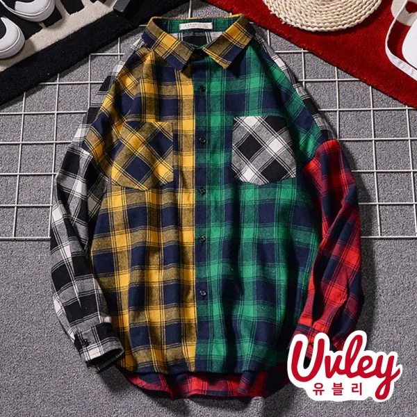 유블리 남성 체크빅사이즈 남방 셔츠 언발란스 박시핏 오버핏 가을 겨울 데일리룩 남녀공용 시밀러룩 커플룩 Uv216034wd 도체