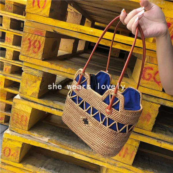 핸드메이드 한대 손뜨개질 레더 블로킹 매우 칭찬함 불임불입 토트 고양이 귀 대나무라탄