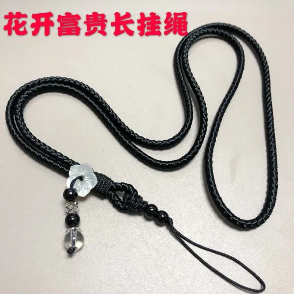 핸드폰줄 적용 핸드메이드 라탄 롱 타입 거치 스트랩 튼튼한 견고 사원증 해먹줄 통용 여성 기울다 4890410271, 블로섬 부귀 롱 거치 스트랩 블랙