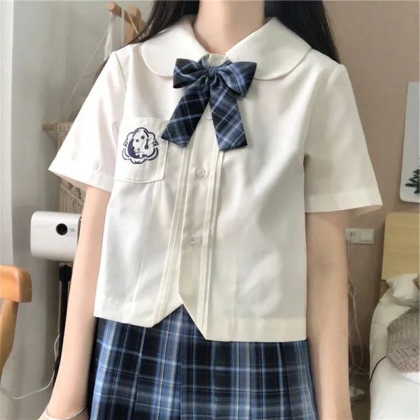 대일인더스리 JK 유니폼 봄 여름 학원 무드 플랫카라 곤궁한 모양 자수 주름 반팔 멱살 와이셔츠