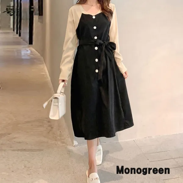 모노그린 브이넥 루즈핏 긴팔 원피스 캐주얼 여성 빅사이즈 Tob10130