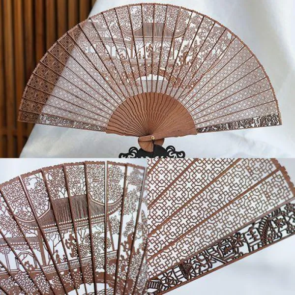테필라 빈티지소품 펀칭 차이나 단향부채 쑤저우시 선물 완상 공예품 단향목 나무 접이식, 명승고적 -소주 원림 （선물  _부채