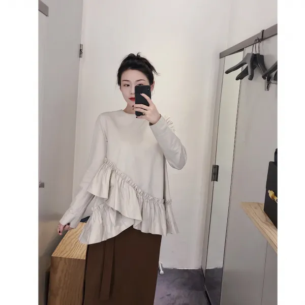 SALE20 가을 언발 플리츠 러플 디자인 감회가 얕다 베이지 풀 면 와이드 루즈핏 상의 여성 모던 긴소매