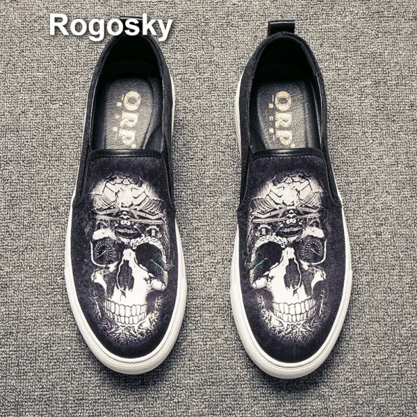 Rogosky 홍콩 패션 카드 남자 신발 유럽 과 미국 길거리 프린트 슬립 온 슬리퍼 남 사계절 레저 낮다 돕다 발 로 걷 자 신발 회색 해골 42 (사이즈)