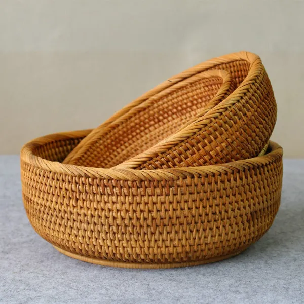 Others 등 편물 편 수납 바구니 가정용 순수 수공 제품 등나무 과일 대나무 상 파 원형 3 벌 세트 상세페이지 참조