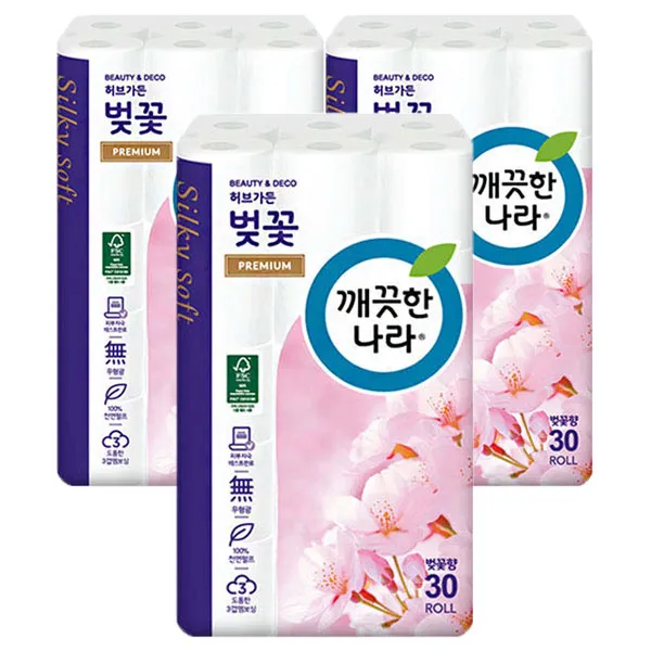 깨끗한나라 허브가든 벚꽃 프리미엄 27M 30롤 화장지, 3팩
