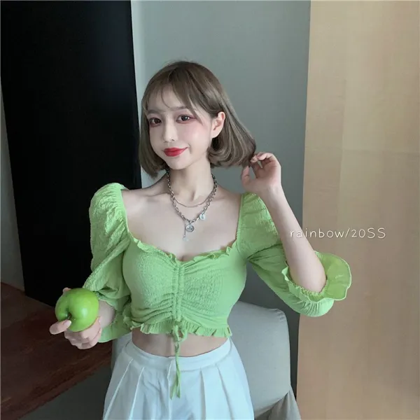 줄 빨랫 블라우스 여 여름 신법식 복고방 넥 하이 허리 크롭 숏 쇄골 탑