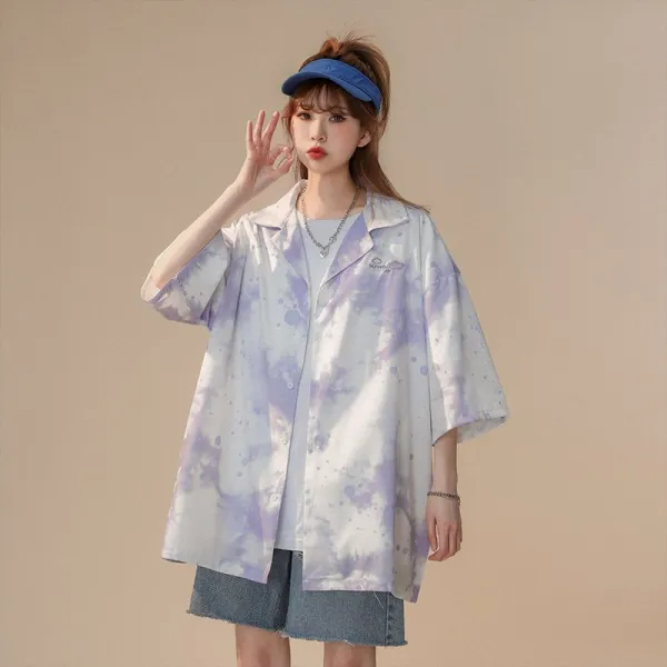 DFMEI 나염 반팔 셔츠 여자 디자인 5부 상의 와이드 캐주얼 100셔츠를 걸치다