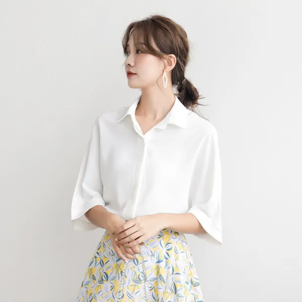 해외 데일리 여성러블리 패션여름 기질 중간 소매 쉬폰 셔츠 여성 디자인 감각 틈새 시장 반팔 흰색 셔츠 반팔-16077