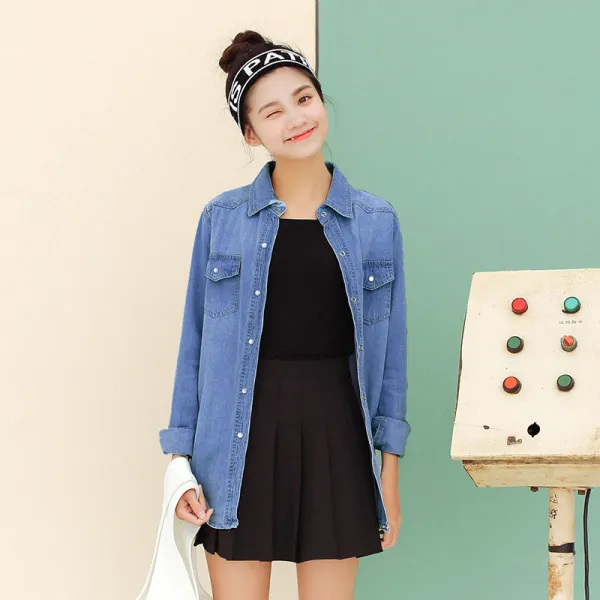 미비 연춘 여성 셔츠 슬랙스 학생 소녀감 학원풍 데님 상의