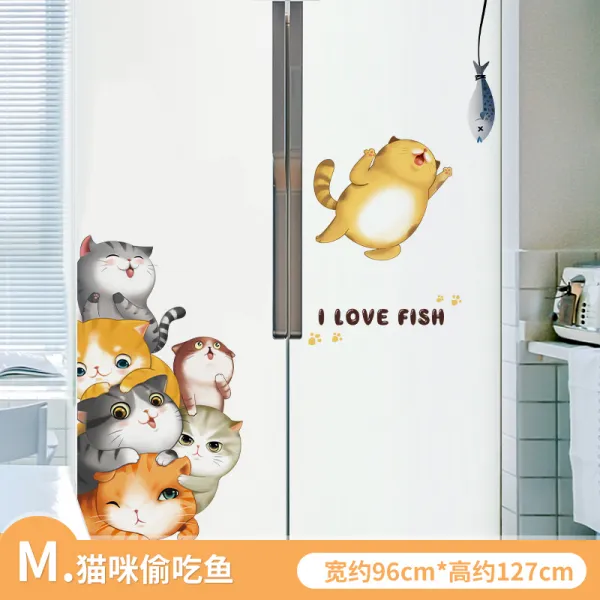 냉장고 애니메이션 벽 그림 구궁격 큐트 따르다 마음에 와 닿다 거실 가능 제거 인테리림 M타입 고양이 훔치다 생선을 먹는다