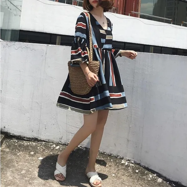 유케이 빅사이즈 원피스 여성 여름 반팔 4xl 스트라이프 J28