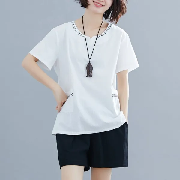 패션이루 루즈핏 미시 린넨 반팔 셔츠 캐주얼 여름 여성 티셔츠