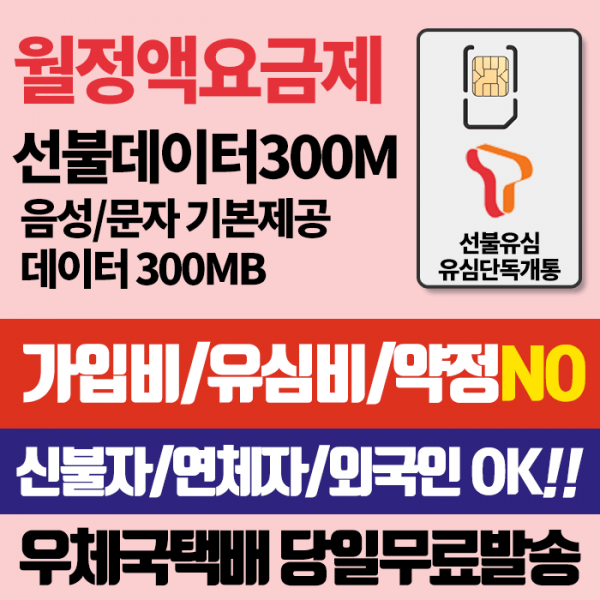 SK 선불유심 선불데이터300M 유심비 가입비무료 신용연체자개통가능 우체국택배, 데이터300M, SK선불유심