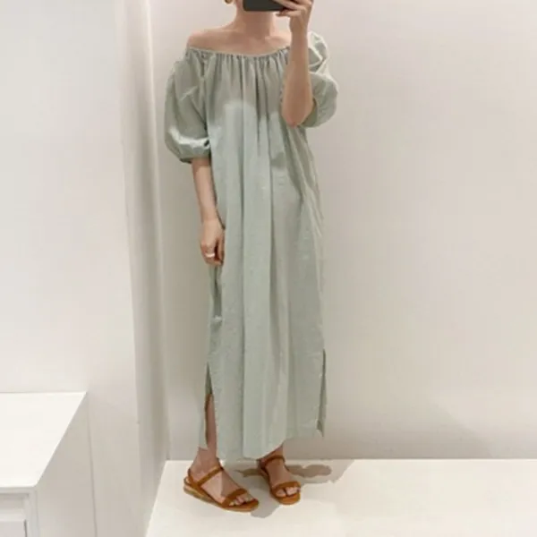 리올마이티 디자인 빈티지 민트 그린 추종형 일자 어깨 슬릿 롱 원피스