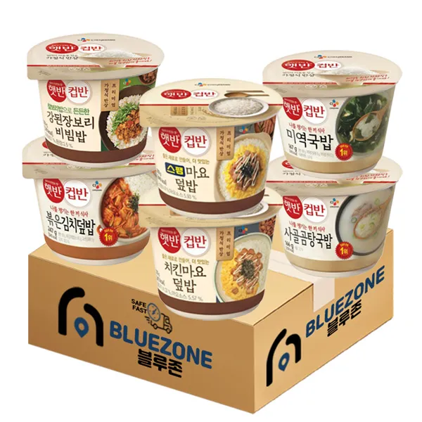 [블루존] CJ 햇반컵반 6종 (치킨마요 + 스팸마요 + 강된장 + 볶은김치 + 미역국밥 + 사골곰탕), 1세트