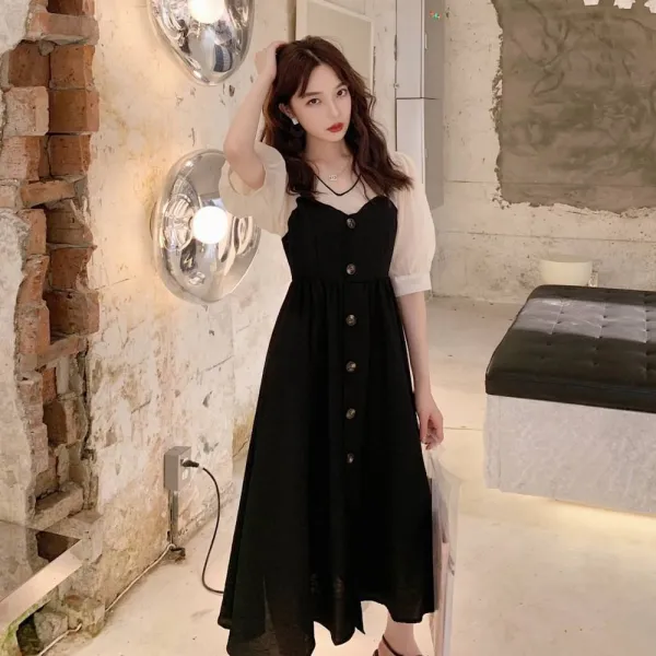 위파인더 인스 쁘띠 인스 블랙 브이넥 궁중 소맷자락 가짜 투피스 원버튼 여밈 원피스