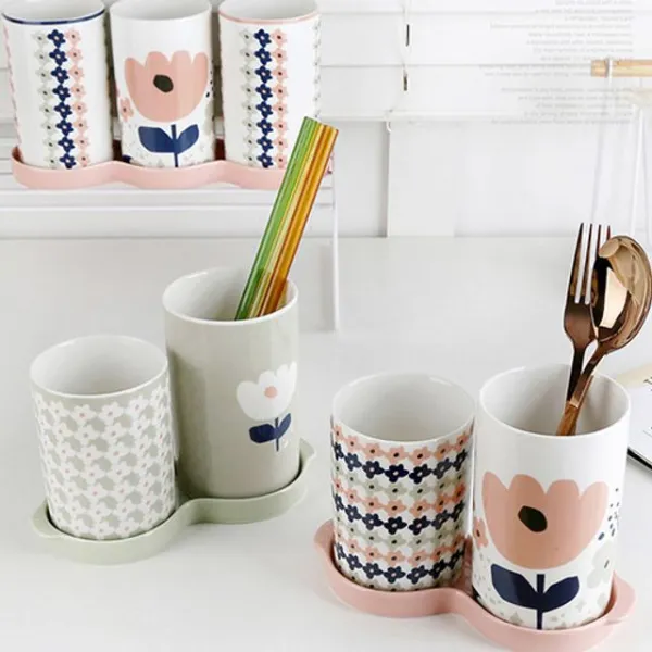 ☞고객대만족↗¶ 받침 수저통 나무통 스탠드통 도자기 보관함 트레이 수저꽂 (♩ocV‡), Welcome™ 핑크플라워3구_WC™