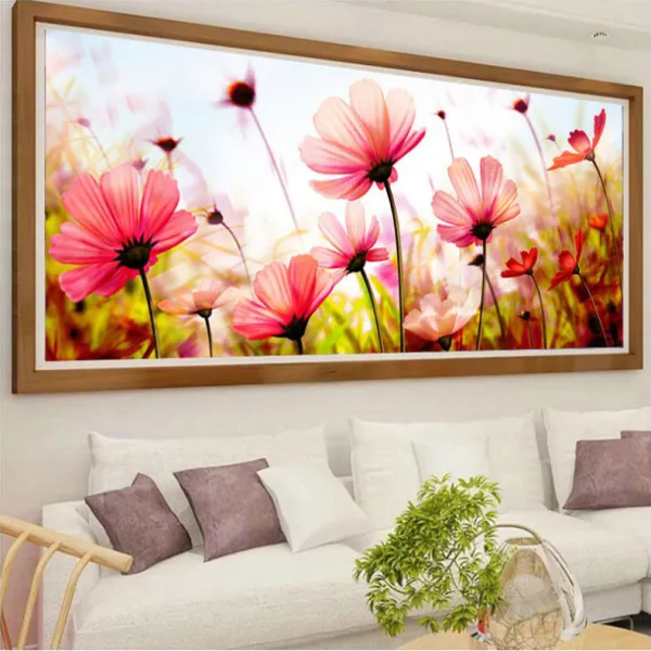 길가에 흐드러진 들꽃 아름다운 코스모스 3D 보석십자수, 150x67cm