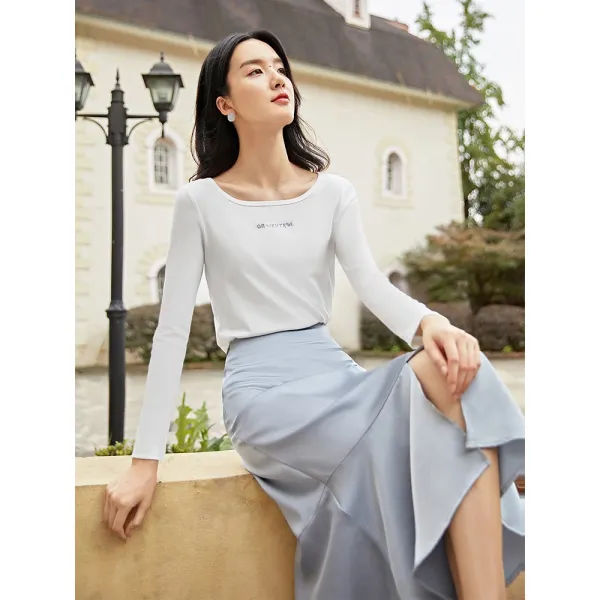 부유생 자금 대백자수 긴팔 티 여성 가을 계방 넥 탑 화이트 이너