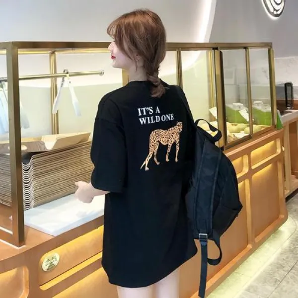 2019 여름 여성 프린팅 티셔츠 순수 코튼 리얼 피격 느슨한 대형 버전 반팔 T - 셔츠 여성 여름 하라주쿠 bf 속임수 동물 프린트 프린트 셔츠