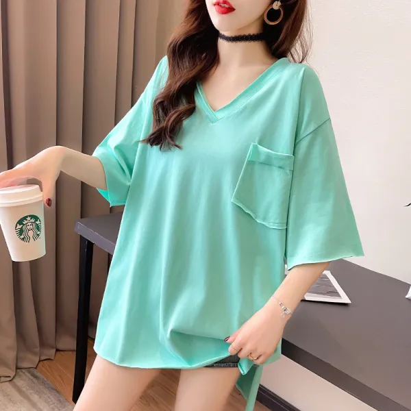 DIRUN KORELAN 레이디스 초이스 흰색 반팔 티셔츠 여성용 브이넥 여름 면 느슨한 유럽 잡화 대형 버전 중장기 스타일 양옆에 스플릿 인 트렌드