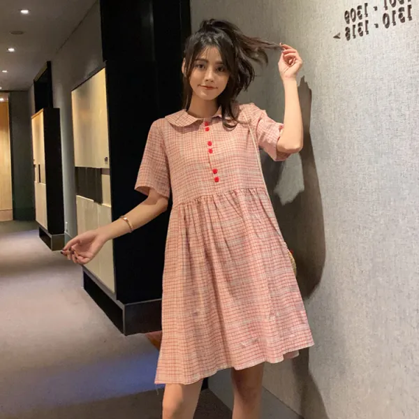 대 여자 원피스 여름 복고 뚱뚱 mm 날씬해 보이는 일렬 단추 체크스커트 여