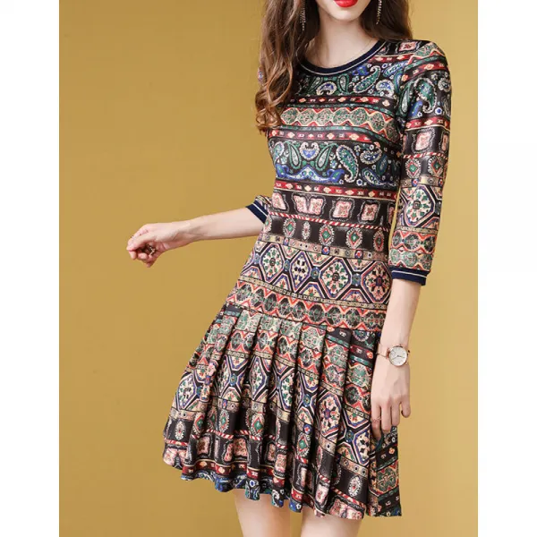 韩 文 84656 84727 실크 원피스 양잠 사 클 리 닉 정품 봄 여름 담 무 같은 에 스 닉 프린트 원피스 여성복 2019 가을 복고 중국 풍 작은 키 스커트 그림 Xl