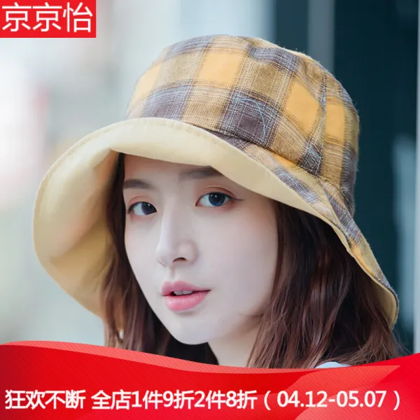 경 경이 양면 어부 모자녀 봄 여름 맑은 하트 맑은 백조 대야 모자 순색 체크무늬 삼계리 ins 차양 모자 청년 접는 노랑색 M(56~, 단일상품