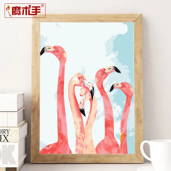 DIY 숫자 유화 3련 블록 거실 캐릭터애니메이션 북유럽 핸드페인팅 유채색 채우기 포인트그림, 핑크 플라밍고 4채색 두꺼운 충분 안료 화필